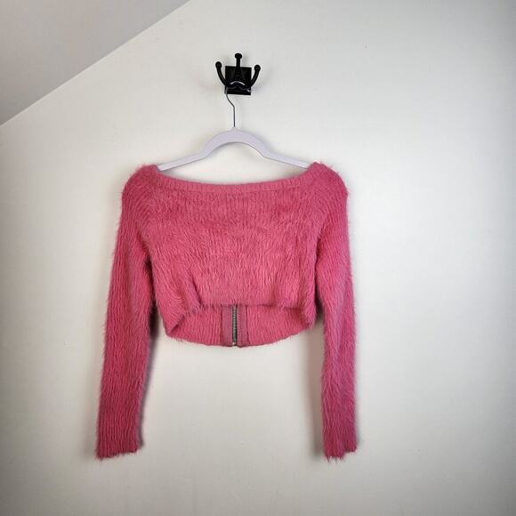 The Ragged Priest Bubblegum Pink Cropped Eyelash Knit Zip Front Sweater Small - Picture 6 of 6